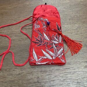 Oriental Design Eyeglasses Necklace/Case - Red w/Tassel & Purple Hook Bell - GUC